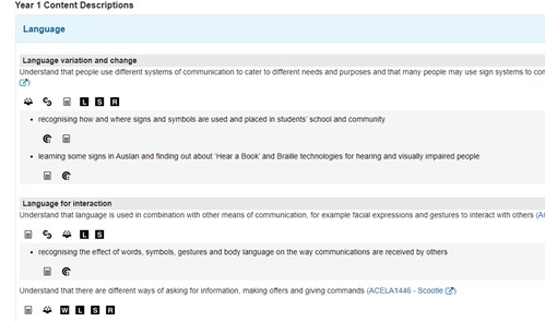 Australian Curriculum Year 1 English: Level and content descriptions Image